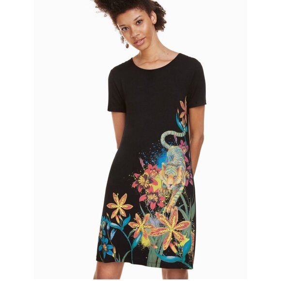 Desigual XS Black Agra Floral Tiger Short Sleeve T-Shirt Tunic Mini Dress - Picture 3 of 13